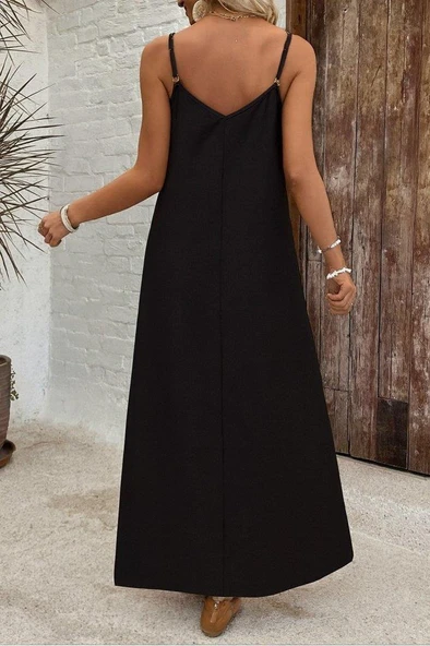 Kadın Ip Askılı Geniş V Yakalı Desenli Süprem Elbise - Resim 2