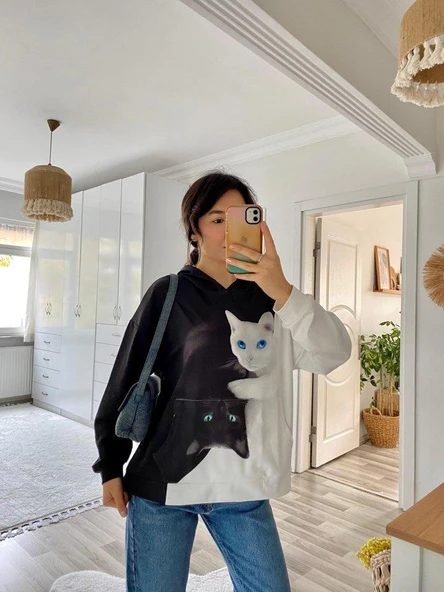 Kadın Uzun Kollu Kapşonlu Bağcıklı Kedi Desenli şardonlu Dalgıç Bluz - Resim 3