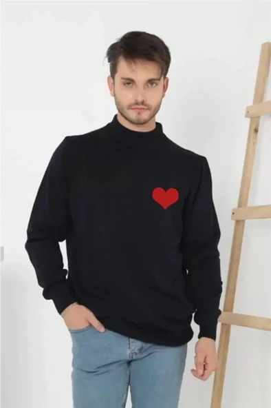 Unisex Yarım Boğazlı Baskılı Dokuma Triko - Siyah - Resim 2