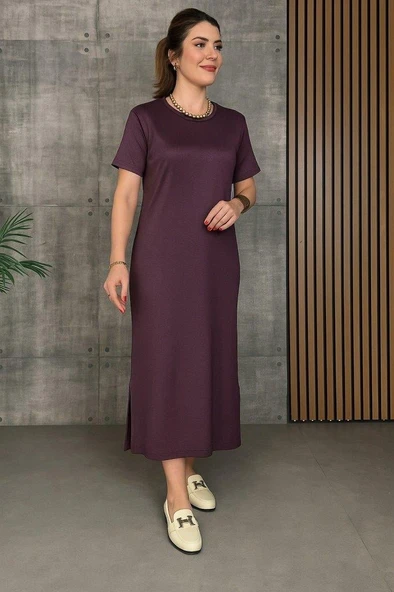 Kadın Kısa Kollu Bisiklet Yaka Yırtmaçlı Viskon Iki Iplik Elbise - Resim 3