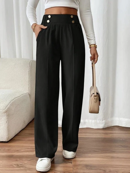 Kadın Beli Lastikli Düğmeli Ithal Krep Pantolon - 1