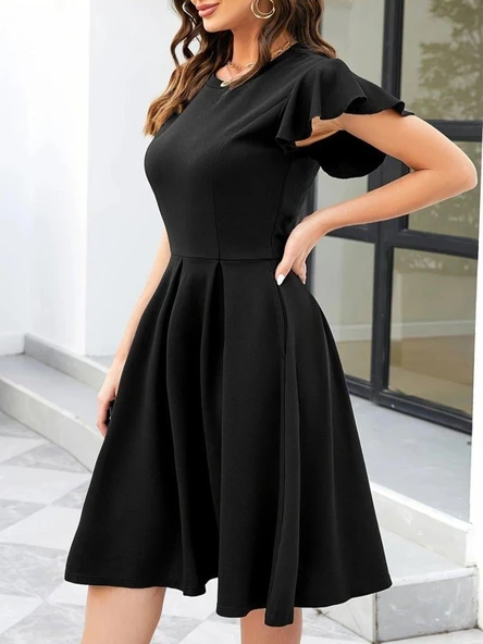 Kadın Kelebek Kollu Bisiklet Yakalı Pileli Ithal Krep Elbise - Resim 3