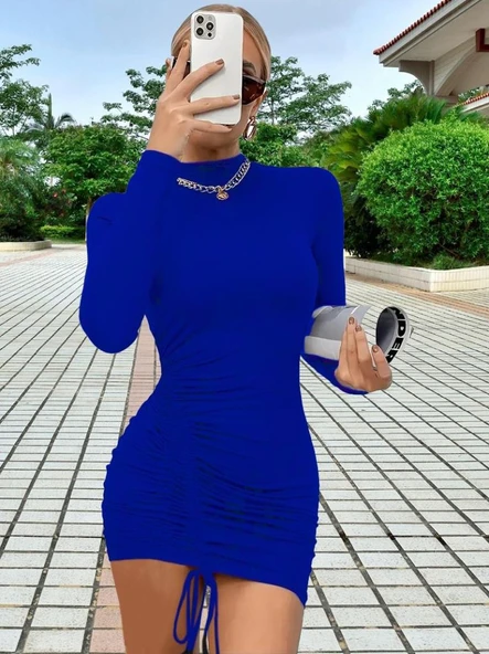 Kadın Uzun Kollu Sağ Belden Sol Etek Ucuna Doğru Hafif çapraz Büzgülü Sandy Mini Boy Elbise - Resim 4