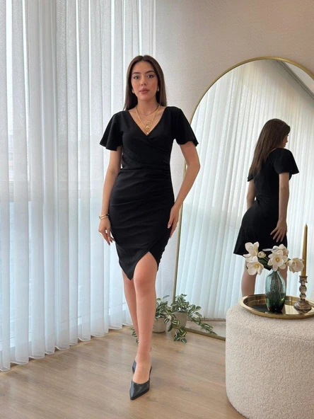 Kadın Kısa Kollu Volanlı Kruvaze Yaka Yanlardan Büzgülü Ithal Krep Elbise - Resim 4