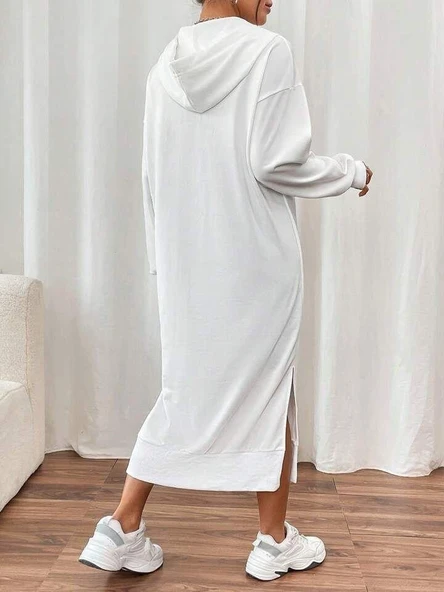 Kadın Uzun Kollu Kapüşonlu Yakası Açık Modal Elbise - Resim 3