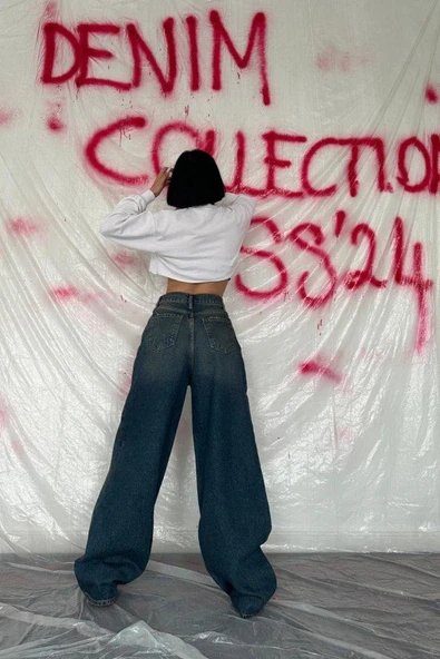 Lacivert Geniş Paça Jeans Pantolon - Resim 3