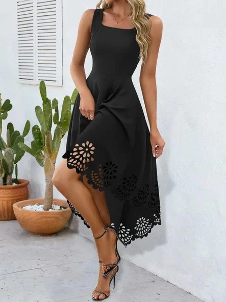 Kadın Askılı Geometrik Yaka çiçek Lazer Kesim Ithal Krep Elbise ürün görseli