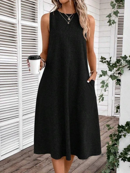 Kadın Kolsuz Bisiklet Yaka Cepli Midi Keten Elbise - Resim 4