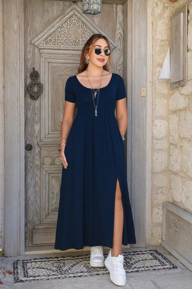 Kadın Kısa Kollu Yuvarlak Yaka önden Yırtmaçlı Cepli Viskon Uzun Elbise - Resim 2