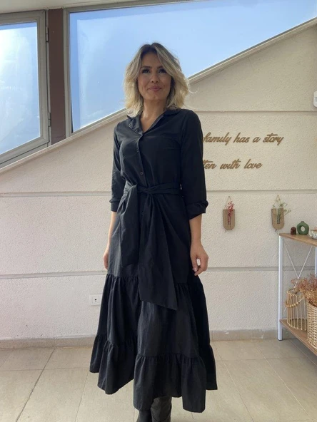 Kadın Uzun Kollu Eteği Fırfırlı Beli Kuşaklı Trikoton Tam Boy Gömlek Elbise - Resim 11