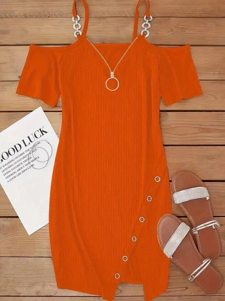 Kadın Askılı önü Fermuarlı Asimetrik Kesim Detaylı Kalın Fitilli Kaşkorse Elbise - Resim 2