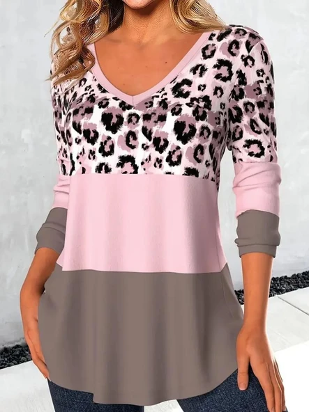Kadın Uzun Kollu V Yakalı Leopar Baskılı şardonlu Dalgıç Bluz - Resim 3