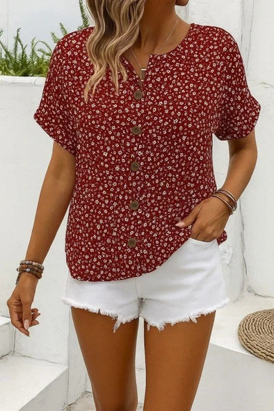 Kadın Kısa Kollu çentikli V Yaka Ve Düğme Detaylı çiçek Desenli Süprem Bluz - Resim 2