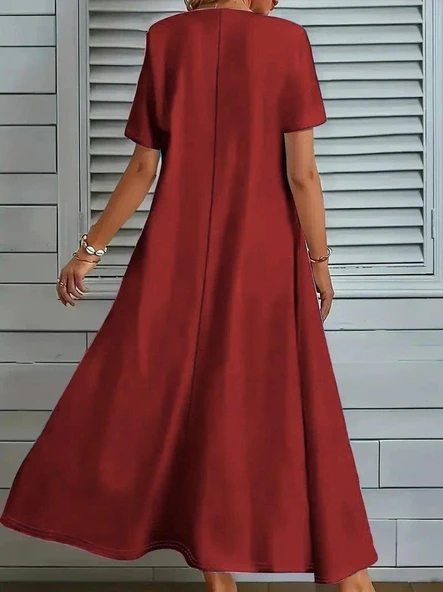 Kadın Kısa Kollu V Yakalı Cep Detaylı Uzun Janjan Krep Elbise - Resim 2