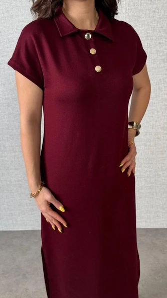 Kadın Kısa Kollu Yakalı Yandan Yırtmaçlı Viskon Iki Iplik Elbise - Resim 3