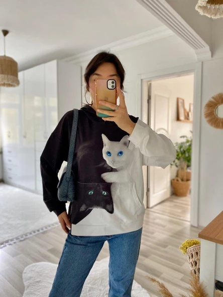 Kadın Uzun Kollu Kapşonlu Bağcıklı Kedi Desenli şardonlu Dalgıç Bluz - Resim 6
