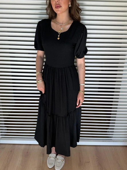 Kadın Kısa Kollu Yakası Açık Katlı Bürümcük Balon Elbise - Resim 3