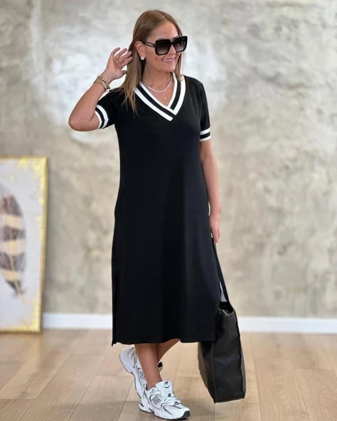 Kadın Kısa Kollu V Yaka Kol Ve Yaka Ribana Detay Midi Boy Viskon Elbise - Resim 7