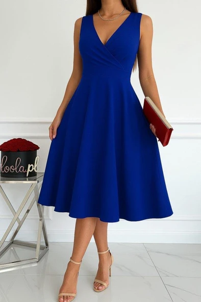 Kadın Ithal Krep Kumaş Kruvaze Yaka Eteği Kloş Kolsuz Mini Elbise ürün görseli