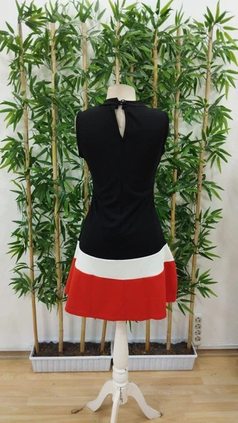 Kadın Sıfır Kol Yarı Balıkçı Yaka şerit Detaylı Ithal Krep Elbise - Resim 8