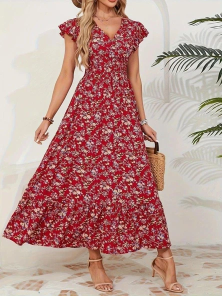 Kadın Kısa Kollu Kruvaze Yaka Beli Lastikli çiçek Desenli Elbise - Resim 3