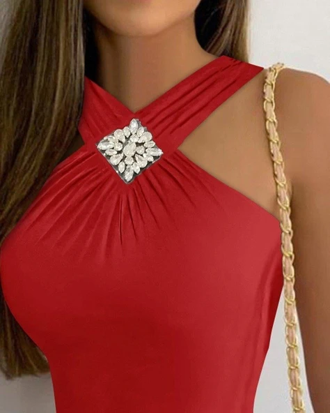 Kadın Yakası önden çaprazlı Taş Detaylı Viskon Bluz - Resim 2