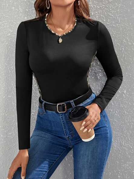 Kadın Uzun Kollu Leopar şeritli Viskon Bluz - Resim 2