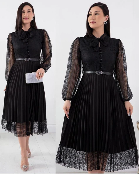 Kadın Denim Kumaş Dantel Detay Pileseli Elbise ürün görseli