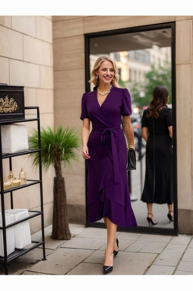 Kadın Kruvaze Yaka Midi Boy Kuşaklı Krep Elbise 120 Cm ürün görseli