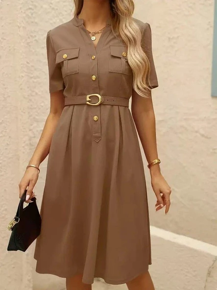 Kadın Kısa Kollu Düğmeli Ve Kemerli Atlas Elbise - Resim 5