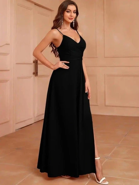 Kadın Ip Askılı Kruvaze Yakalı Derin Dekolteli Yırtmaçlı Ithal Krep Elbise - Resim 3