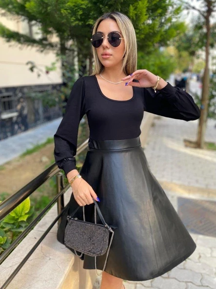 Kadın Uzun Kollu üst Viskon Alt Kloş Deri Elbise - Resim 6