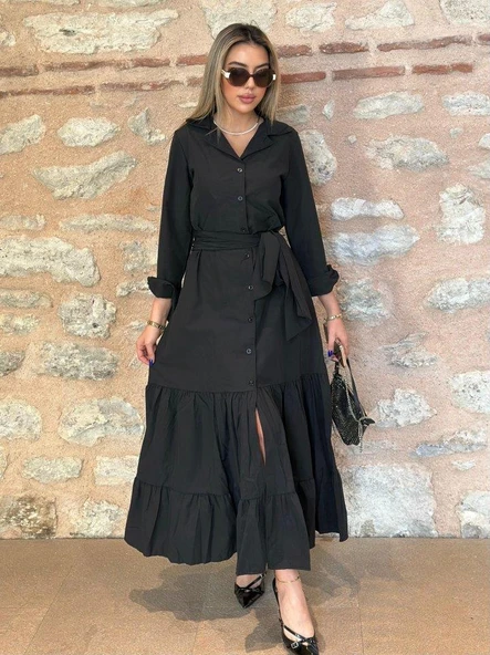 Kadın Uzun Kollu Eteği Fırfırlı Beli Kuşaklı Trikoton Tam Boy Gömlek Elbise - Resim 5