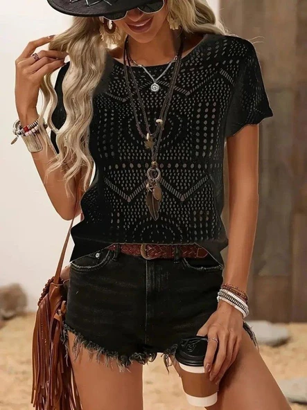 Kadın Kısa Kollu Bisiklet Yaka Desenli Triko Bluz - Resim 5