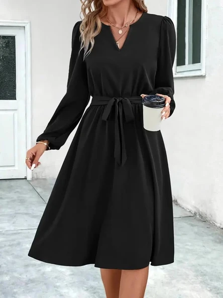 Kadın Uzun Kollu V Yakalı Belden Kuşaklı Kiloş Krep Elbise - Resim 5