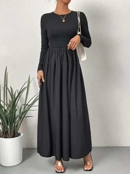 Kadın Uzun Kollu Bisiklet Yaka Uzun üst Viskon Alt Trikoton Elbise - Resim 6