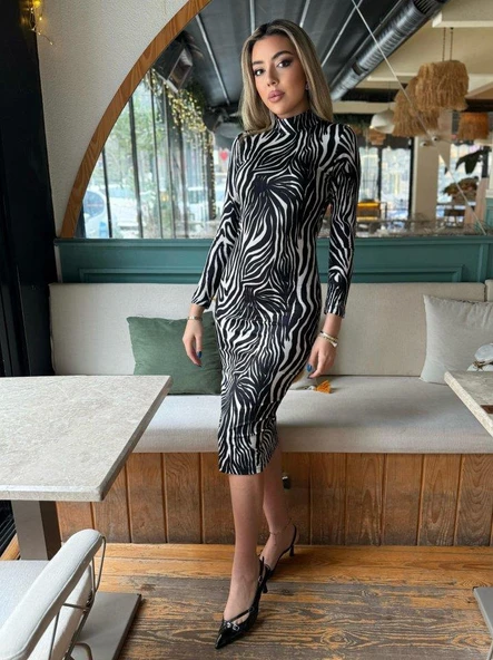 Kadın Zebra Desen Süet Kumaş Fırsat ürün Midi Boy Elbise - Resim 2