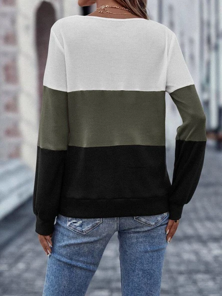 Kadın Uzun Kollu V Yakalı Düğmeli çok Renkli Waffle Bluz - Resim 3