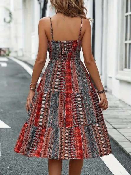 Kadın Ip Askılı V Yakalı Bağcıklı Beli Lastikli Desenli Süprem Elbise - Resim 3