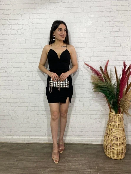 Kadın Derin V Yaka Sırt Dekolteli Fırsat Ürün Mini Elbise - Resim 5