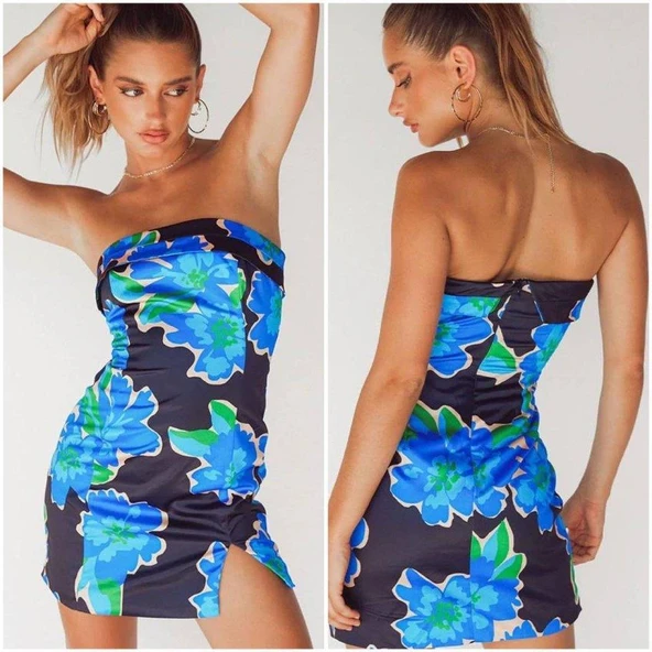 Kadın çiçek Deseni Yırtmaç Detay Fırsat ürün Mini Straplez Elbise - Resim 3