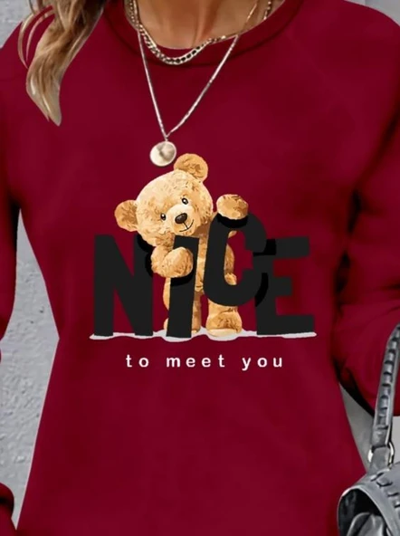 Kadın Uzun Kollu Bisiklet Yaka Ayı Desenli Viskon Iki Iplik Elbise - Resim 2