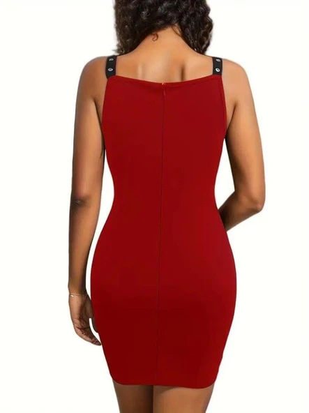 Kadın Askılı Derin V Yakalı Kuş Gözü Detaylı Janjan Krep Elbise - Resim 2