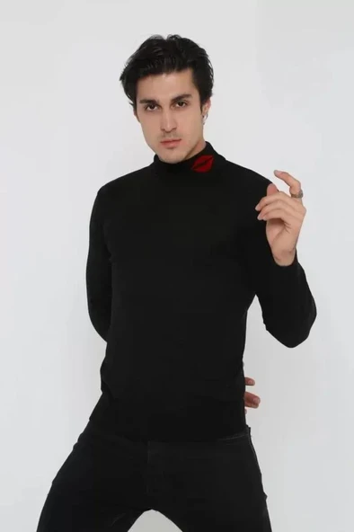 Unisex Yarım Boğazlı Baskılı Dokuma Triko - Siyah ürün görseli