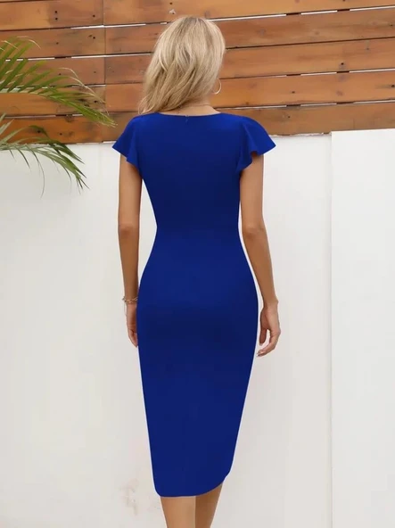 Kadın Kısa Kollu Kalp Yaka Yanlardan Büzgü Detay Midi Janjan Krep Elbise - 3