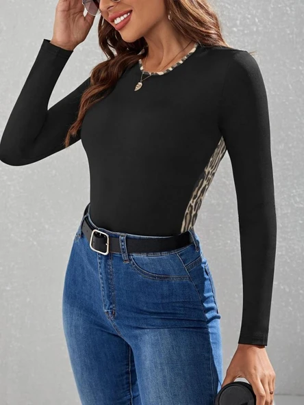 Kadın Uzun Kollu Leopar şeritli Viskon Bluz ürün görseli