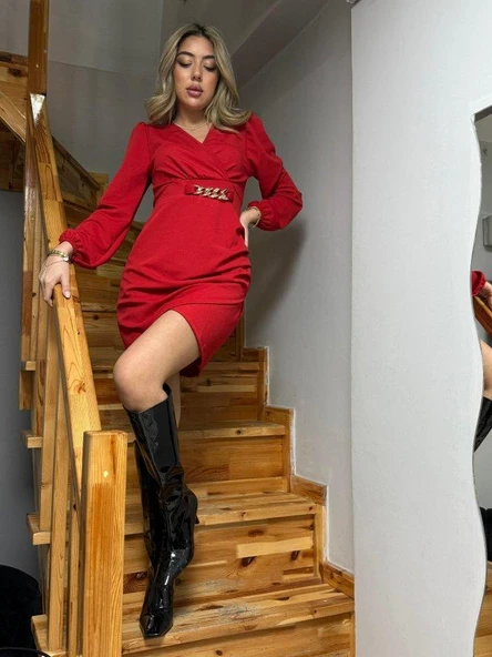 Kadın Uzun Kollu Kruvaze Yaka önden Asimetrik Detay Kısa Krep Elbise ürün görseli