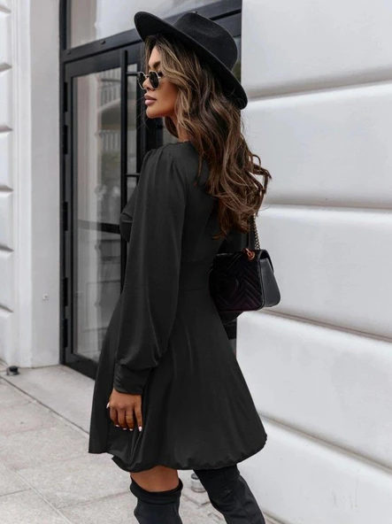 Kadın Uzun Kollu Derin V Yaka Göğüs Altı Dekolte Detaylı Sandy Mini Boy Elbise - Resim 3