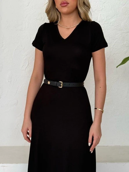 Kadın Kısa Kollu V Yaka Maxi Boy Elbise 124 Cm - Resim 4