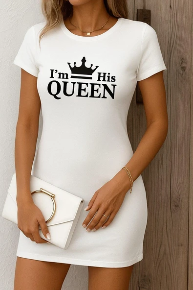 Kadın Kısa Kollu Queen Baskı Iki Iplik Mini Elbise ürün görseli